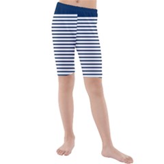 Horizontal Stripes Blue White Line Kids  Mid Length Swim Shorts