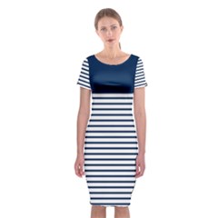 Horizontal Stripes Blue White Line Classic Short Sleeve Midi Dress by Mariart