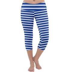 Horizontal Stripes Dark Blue Capri Yoga Leggings by Mariart