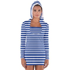 Horizontal Stripes Dark Blue Women s Long Sleeve Hooded T-shirt by Mariart