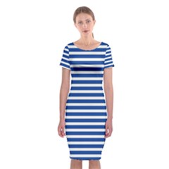 Horizontal Stripes Dark Blue Classic Short Sleeve Midi Dress