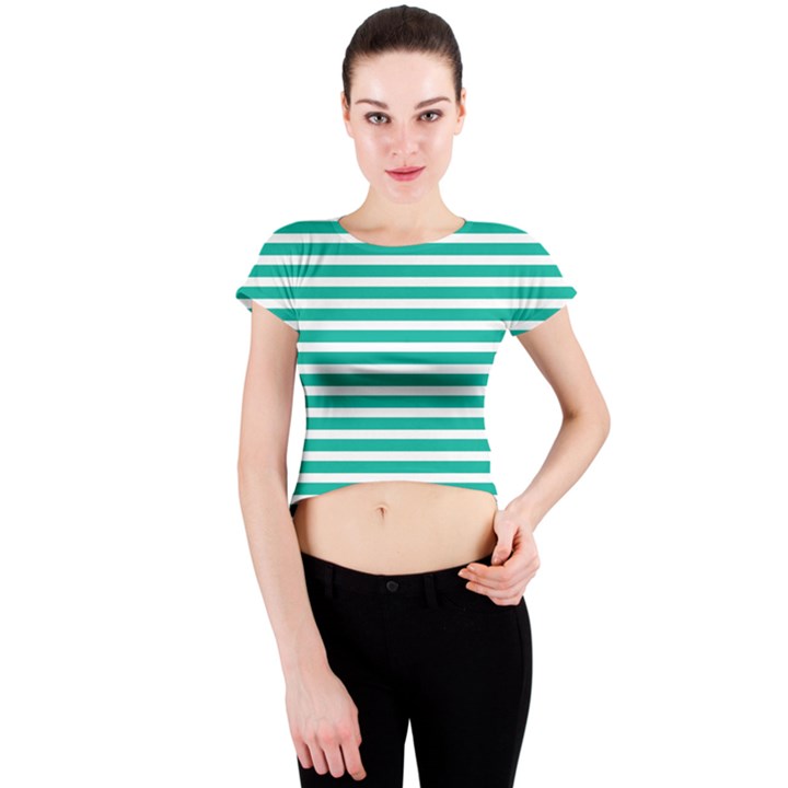 Horizontal Stripes Green Teal Crew Neck Crop Top