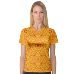 Solar Mandala  Orange Rangoli  Women s V-neck Sport Mesh Tee