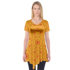 Solar Mandala  Orange Rangoli  Short Sleeve Tunic  by bunart