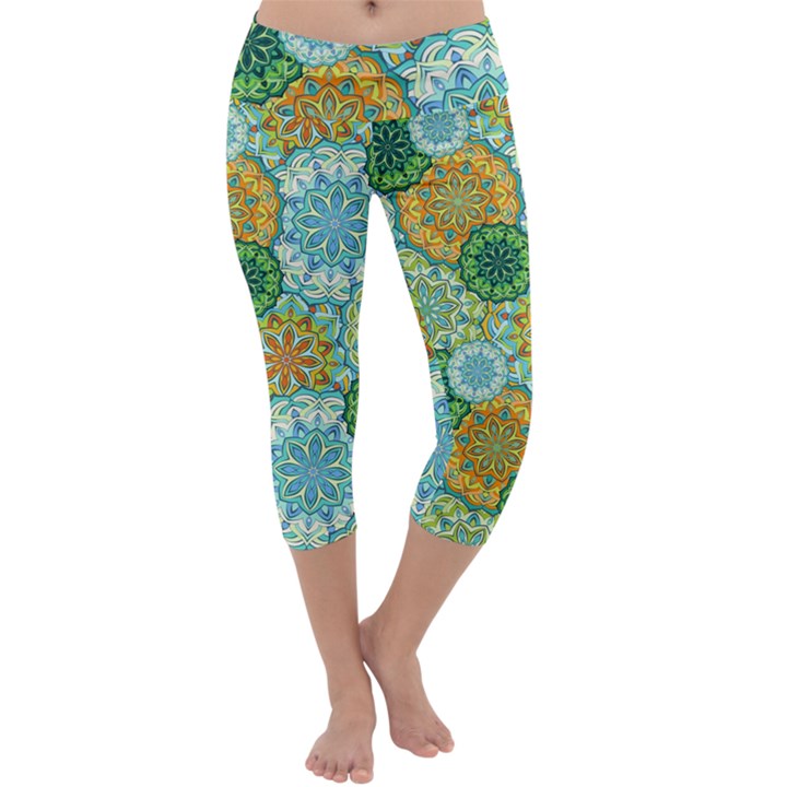 Forest Spirits. Green mandalas. Capri Yoga Leggings