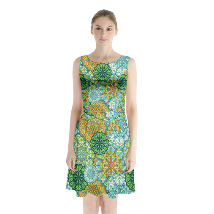 Forest Spirits. Green mandalas. Sleeveless Chiffon Waist Tie Dress