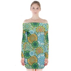 Forest Spirits  Green Mandalas  Long Sleeve Off Shoulder Dress by bunart