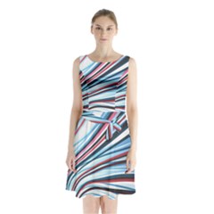 Wavy Stripes Background Sleeveless Chiffon Waist Tie Dress