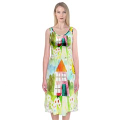 Summer House And Garden A Completely Seamless Tile Able Background Midi Sleeveless Dress by Simbadda