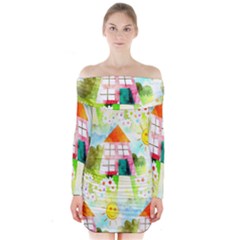 Summer House And Garden A Completely Seamless Tile Able Background Long Sleeve Off Shoulder Dress by Simbadda