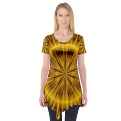 Fractal Yellow Kaleidoscope Lyapunov Short Sleeve Tunic  by Simbadda