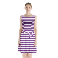 Horizontal Stripes Purple Sleeveless Chiffon Waist Tie Dress