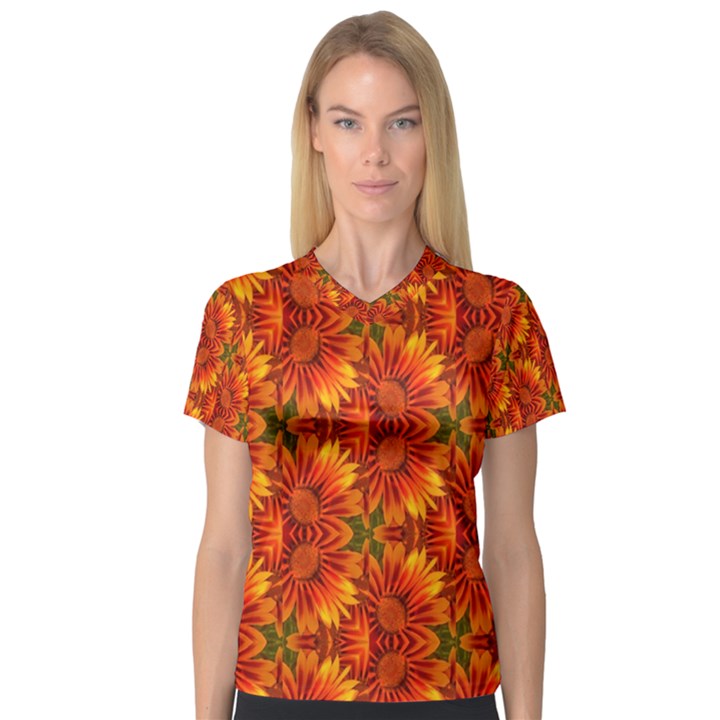 Background Flower Fractal Women s V-Neck Sport Mesh Tee