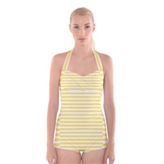 Horizontal Stripes Yellow Boyleg Halter Swimsuit 