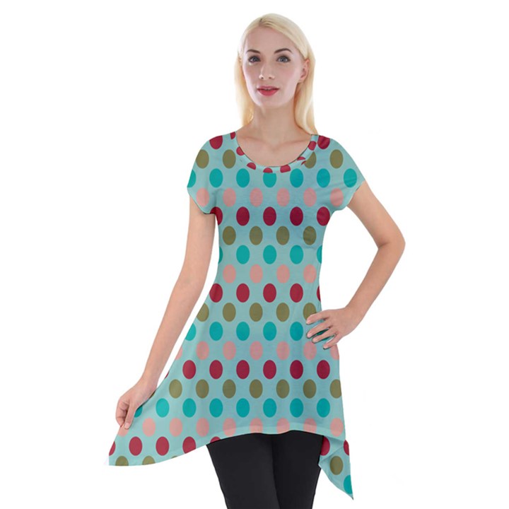 Large Colored Polka Dots Line Circle Short Sleeve Side Drop Tunic