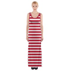 Horizontal Stripes Red Maxi Thigh Split Dress by Mariart