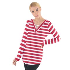 Horizontal Stripes Red Women s Tie Up Tee by Mariart