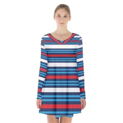 Martini Style Racing Tape Blue Red White Long Sleeve Velvet V-neck Dress by Mariart