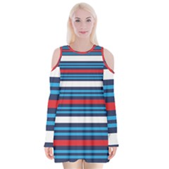 Martini Style Racing Tape Blue Red White Velvet Long Sleeve Shoulder Cutout Dress