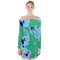 New Zealand Birds Detail Animals Fly Long Sleeve Off Shoulder Dress