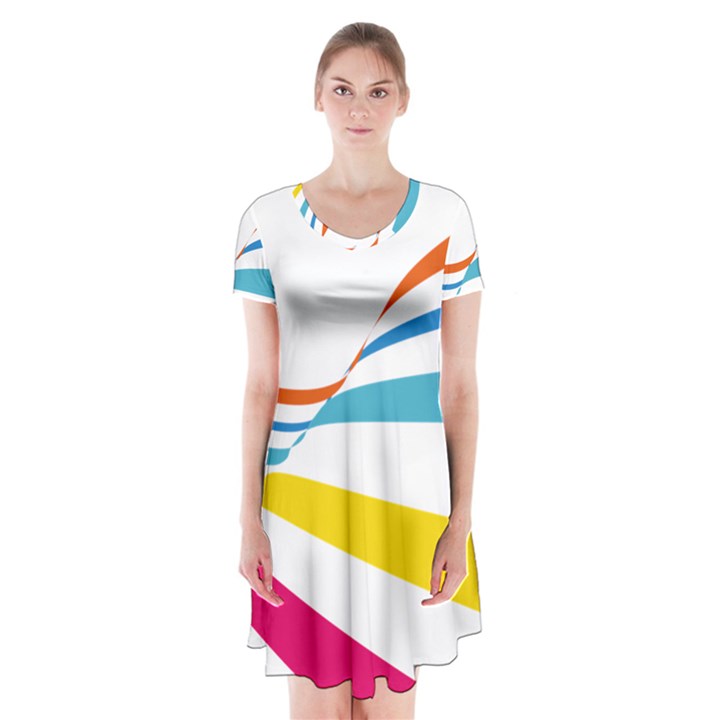 Line Rainbow Orange Blue Yellow Red Pink White Wave Waves Short Sleeve V-neck Flare Dress