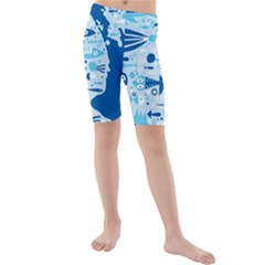 New Zealand Fish Detail Blue Sea Shark Kids  Mid Length Swim Shorts