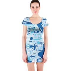 New Zealand Fish Detail Blue Sea Shark Short Sleeve Bodycon Dress by Mariart