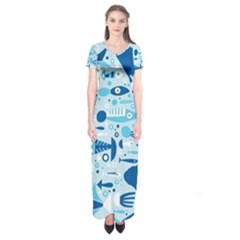 New Zealand Fish Detail Blue Sea Shark Short Sleeve Maxi Dress by Mariart