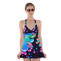 Neon Paint Splatter Background Club Halter Swimsuit Dress by Mariart