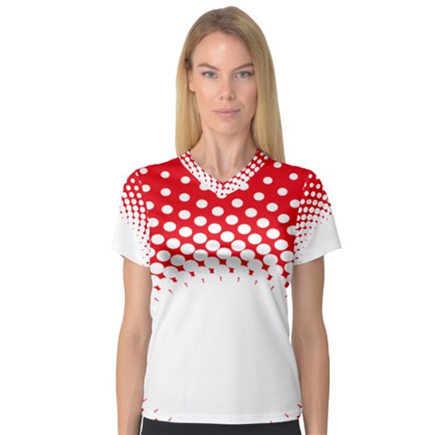 Polka Dot Circle Hole Red White Women s V-neck Sport Mesh Tee by Mariart