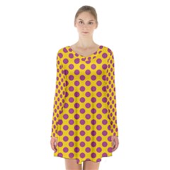 Polka Dot Purple Yellow Orange Long Sleeve Velvet V-neck Dress by Mariart