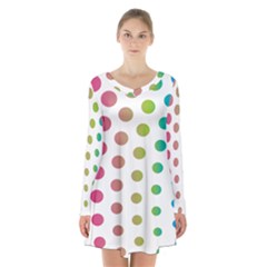 Polka Dot Pink Green Blue Long Sleeve Velvet V-neck Dress by Mariart