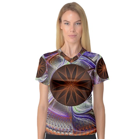 Background Image With Hidden Fractal Flower Women s V-neck Sport Mesh Tee by Simbadda