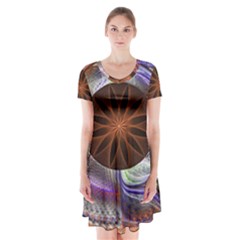 Background Image With Hidden Fractal Flower Short Sleeve V-neck Flare Dress