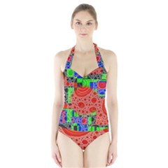 Background With Fractal Digital Cubist Drawing Halter Swimsuit by Simbadda