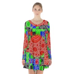 Background With Fractal Digital Cubist Drawing Long Sleeve Velvet V-neck Dress by Simbadda