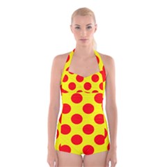 Polka Dot Red Yellow Boyleg Halter Swimsuit  by Mariart