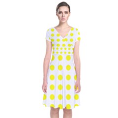 Polka Dot Yellow White Short Sleeve Front Wrap Dress by Mariart