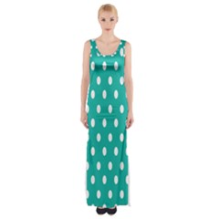 Polka Dots White Blue Maxi Thigh Split Dress by Mariart