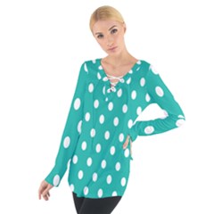 Polka Dots White Blue Women s Tie Up Tee by Mariart