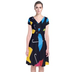 Rain Shoe Boots Blue Yellow Pink Orange Black Umbrella Short Sleeve Front Wrap Dress by Mariart