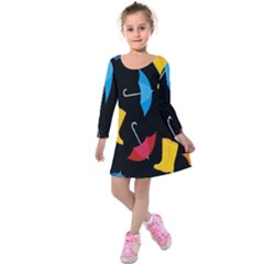 Rain Shoe Boots Blue Yellow Pink Orange Black Umbrella Kids  Long Sleeve Velvet Dress by Mariart