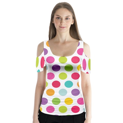 Polka Dot Yellow Green Blue Pink Purple Red Rainbow Color Butterfly Sleeve Cutout Tee  by Mariart