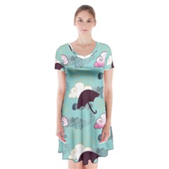 Rain Clouds Umbrella Blue Sky Pink Short Sleeve V-neck Flare Dress