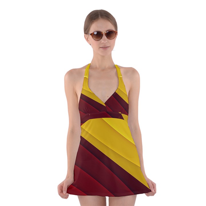 3d Glass Frame With Red Gold Fractal Background Halter Swimsuit Dress