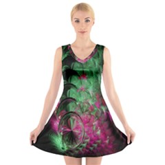 Pink And Green Shapes Make A Pretty Fractal Image V-neck Sleeveless Skater Dress by Simbadda