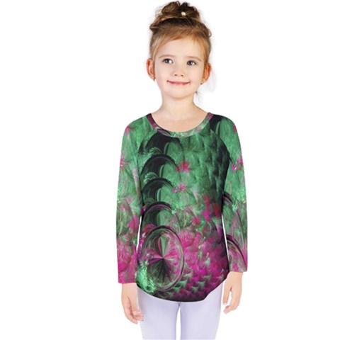 Pink And Green Shapes Make A Pretty Fractal Image Kids  Long Sleeve Tee by Simbadda