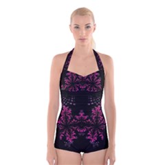 Violet Fractal On Black Background In 3d Glass Frame Boyleg Halter Swimsuit  by Simbadda