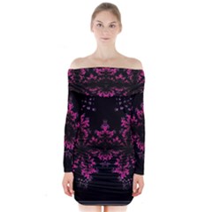 Violet Fractal On Black Background In 3d Glass Frame Long Sleeve Off Shoulder Dress by Simbadda