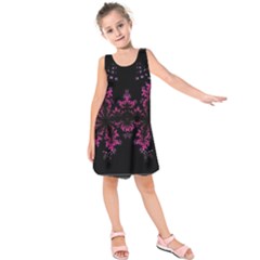 Violet Fractal On Black Background In 3d Glass Frame Kids  Sleeveless Dress by Simbadda